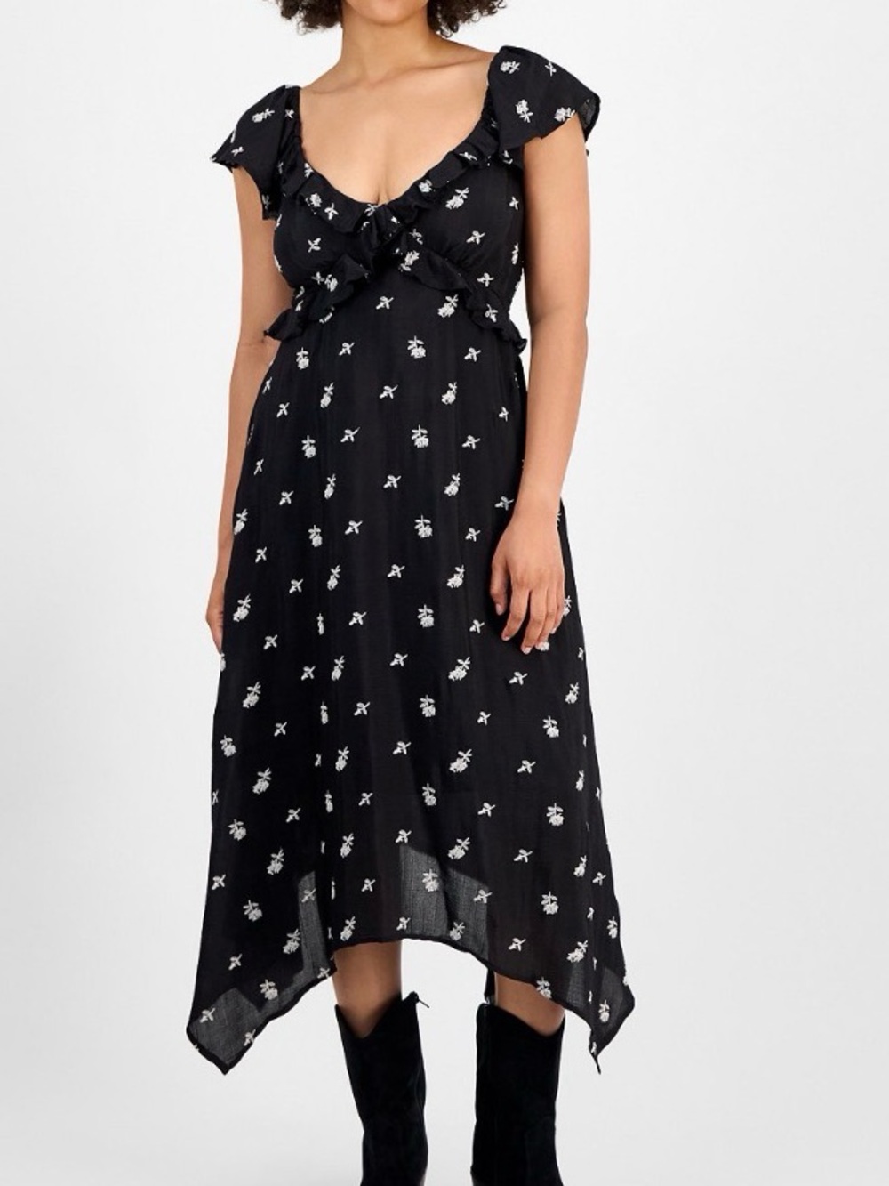 And Now This Smocked Floral Handkerchief-Hem Dress in Black Size:L NWT